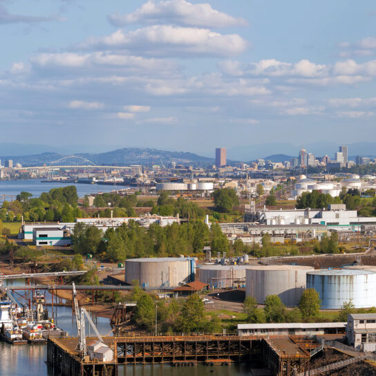 Portland Oregon Shipbuilding and Repair Shipyard Along Willamette River by St Johns Area with City and Swan Island View Panorama